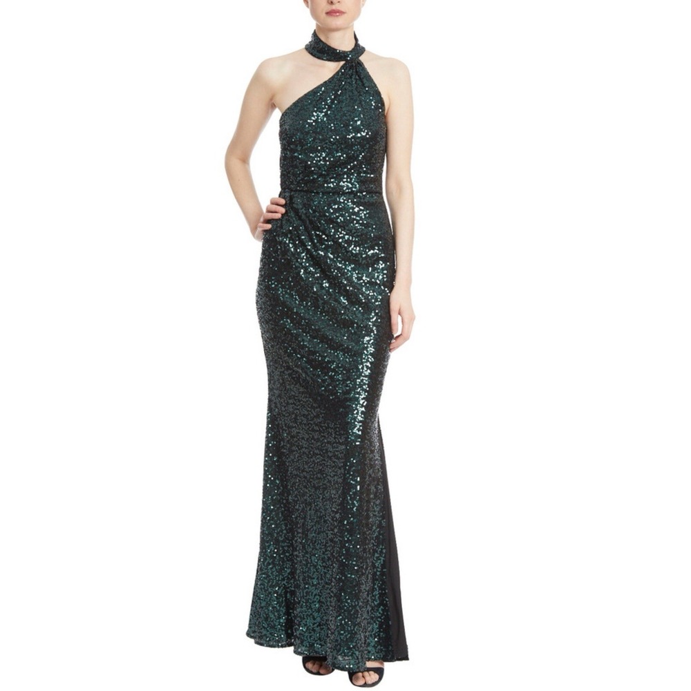 badgley mischka Emerald Sequin Asymmetrical Halter Gown Dress Sz 8. $850. NWT‎